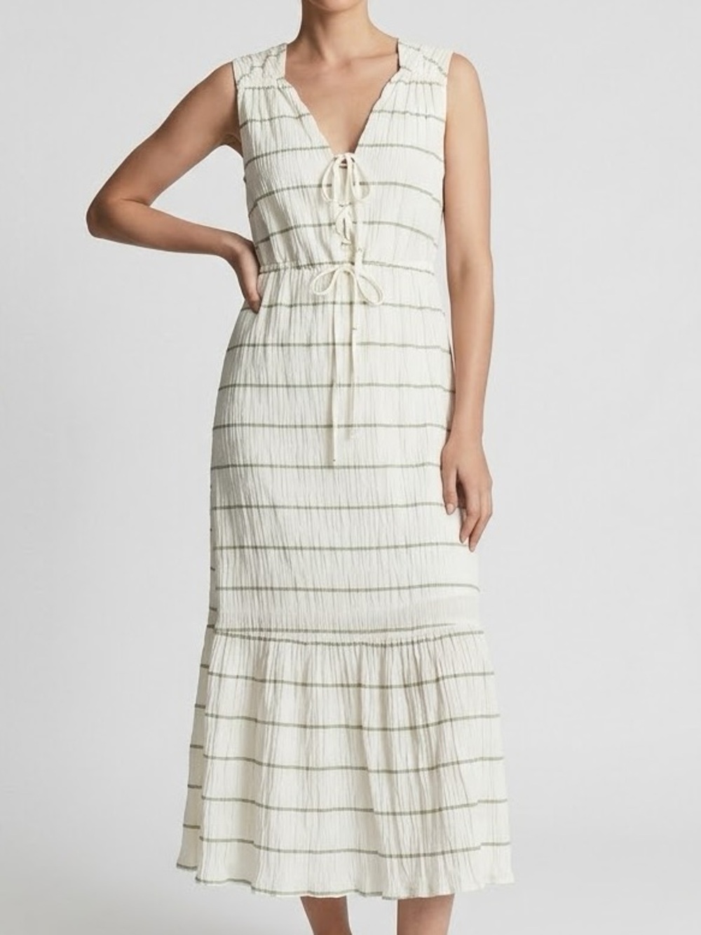 Mango - Striped Green and White Ruched  Sleeveless Dress: Size  XL/12